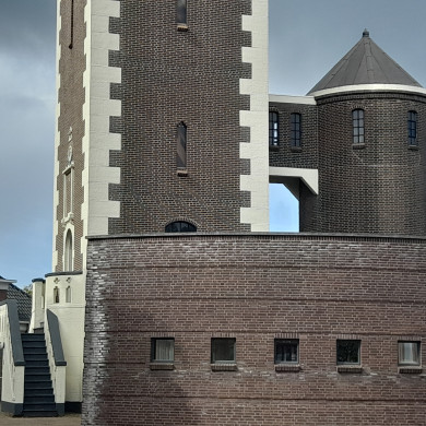 Detail van de rijksmonumentale watertoren aan de Dorpsstraat 152 te Barendrecht