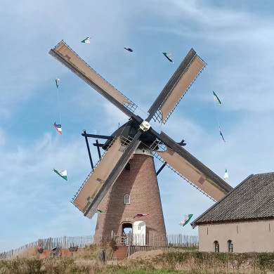 Düffels Möll, een 150 jaar oude molen op een heuvel, bij Stokkum in Gelderland. 