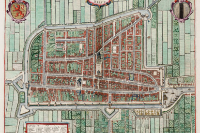Historische kaart van Delft ca. 1649 uit "Stedenboeken van de Nederlanden" door J. Blaeu