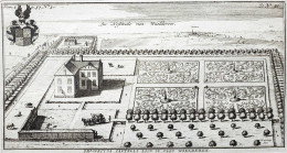 Vogelvlucht van het kasteel Loon in Waalre, met de tuinen, in de linkerbovenhoek een wapenschild.